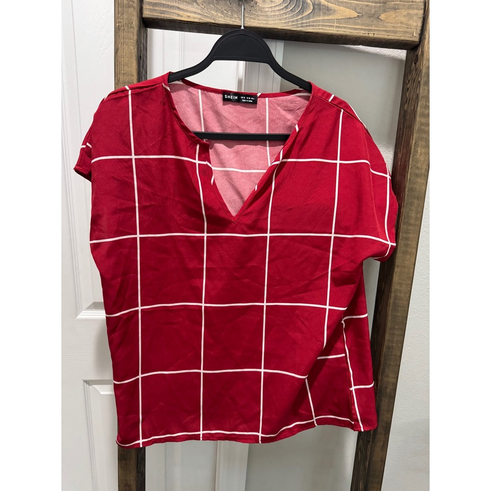 Shein Womens Red White Grid Print Notched V-Neck Short Sleeve Blouse Size M